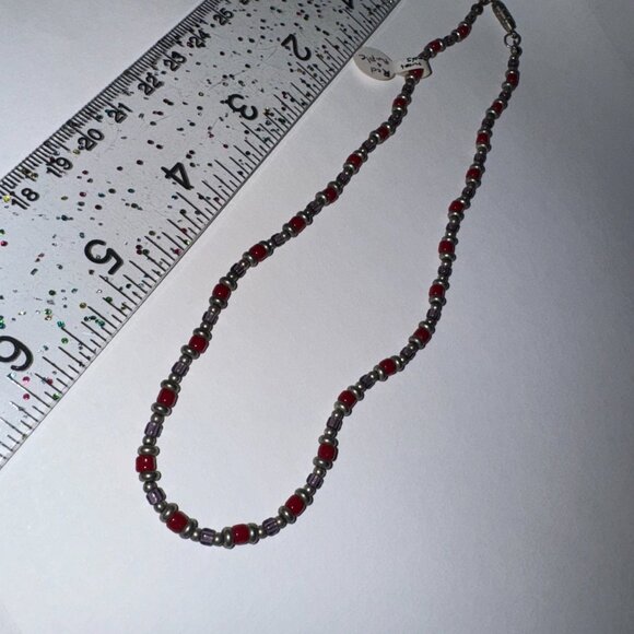 14" Long Red, Purple, and Silver Beaded Necklace - Picture 3 of 9